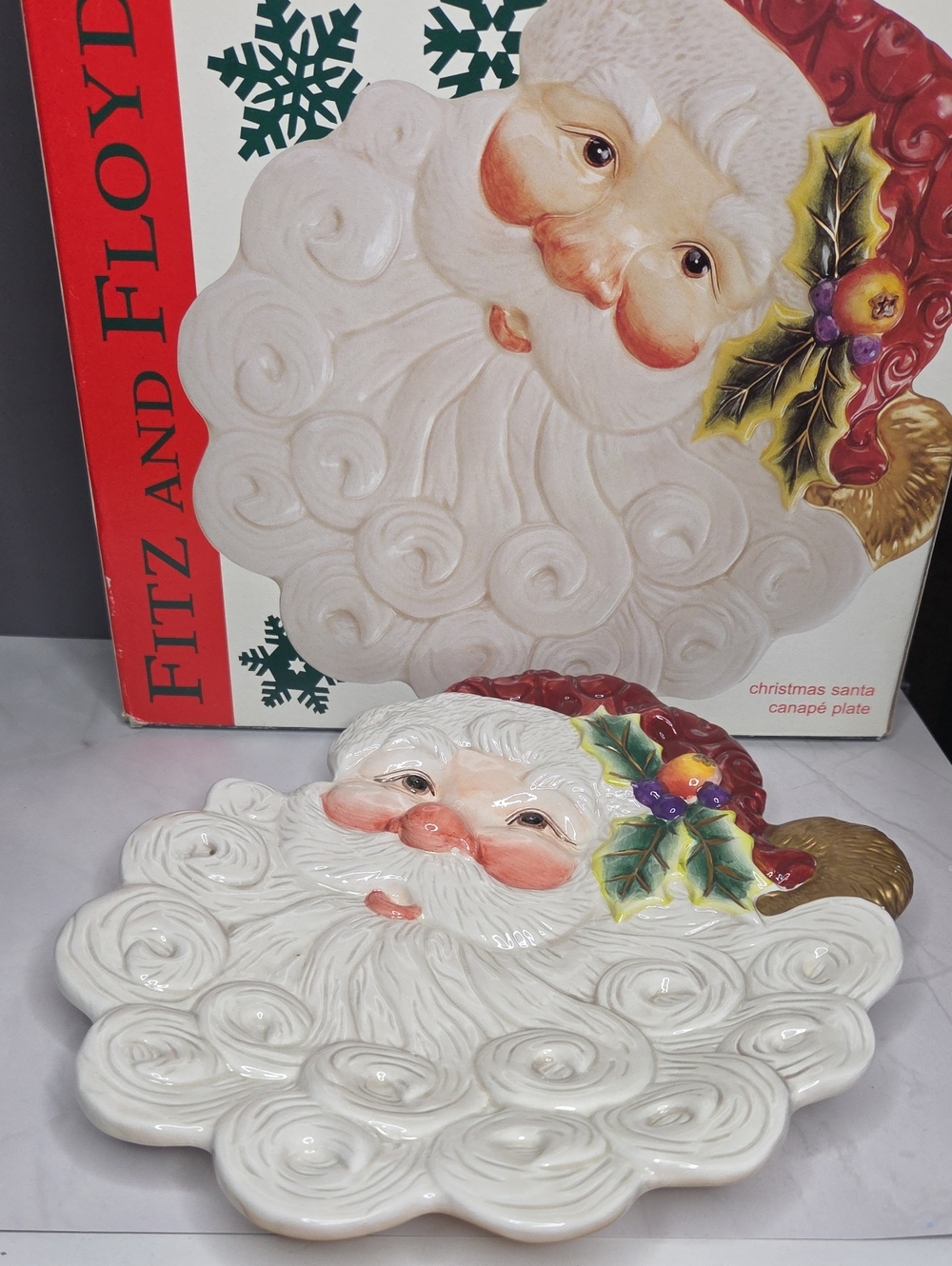 Fitz and Floyd Santa Canape' Serving Plate in White, Red, Green and Gold